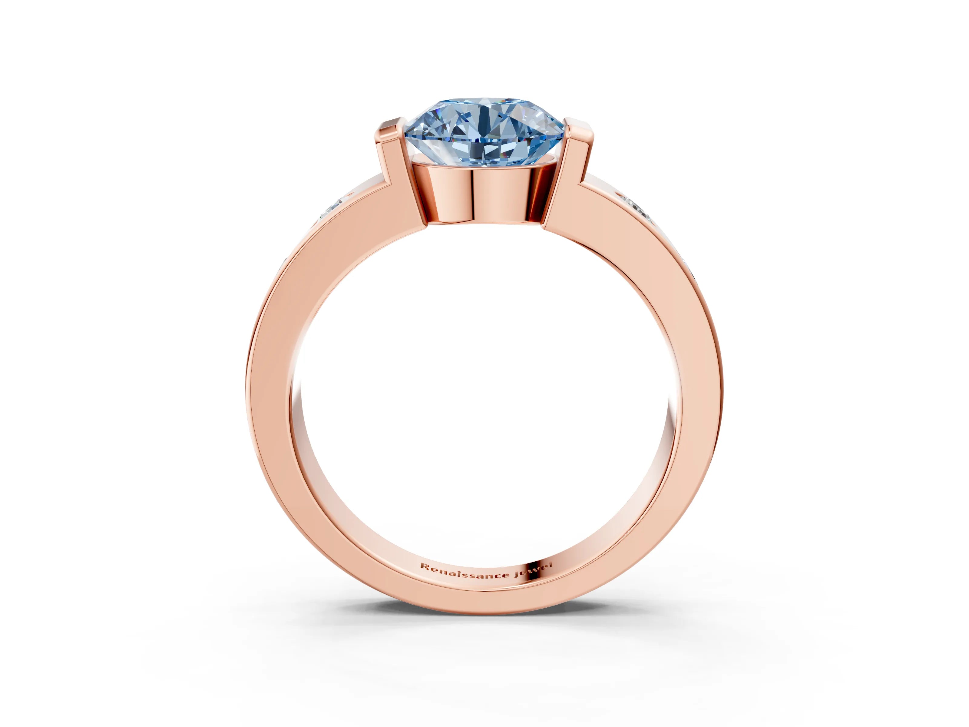 Rose gold Fancy Blue Round Cut Brilliant Channel-Set Diamond Ring with Bezel Prong Setting_3