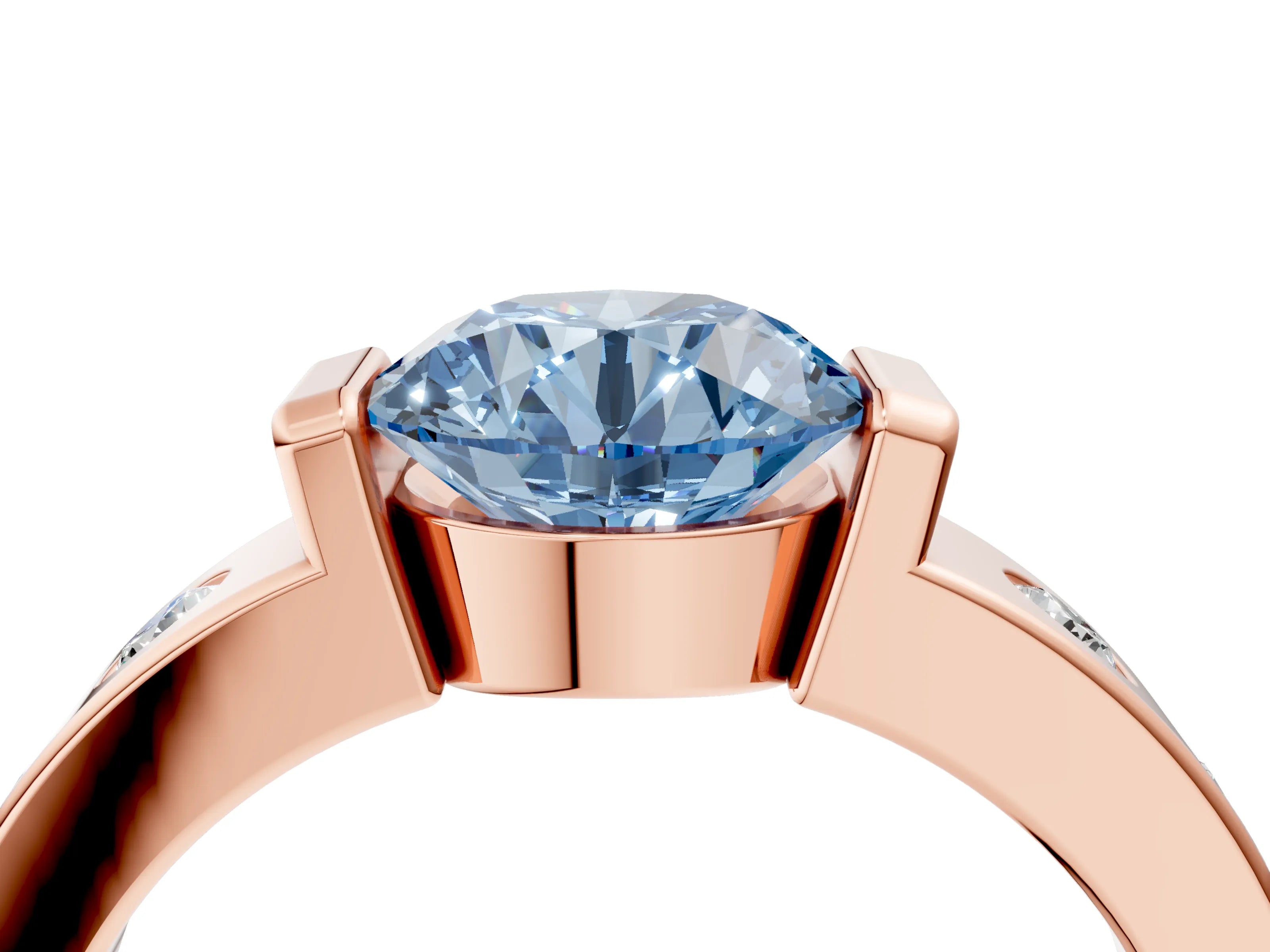 Rose gold Fancy Blue Round Cut Brilliant Channel-Set Diamond Ring with Bezel Prong Setting_4