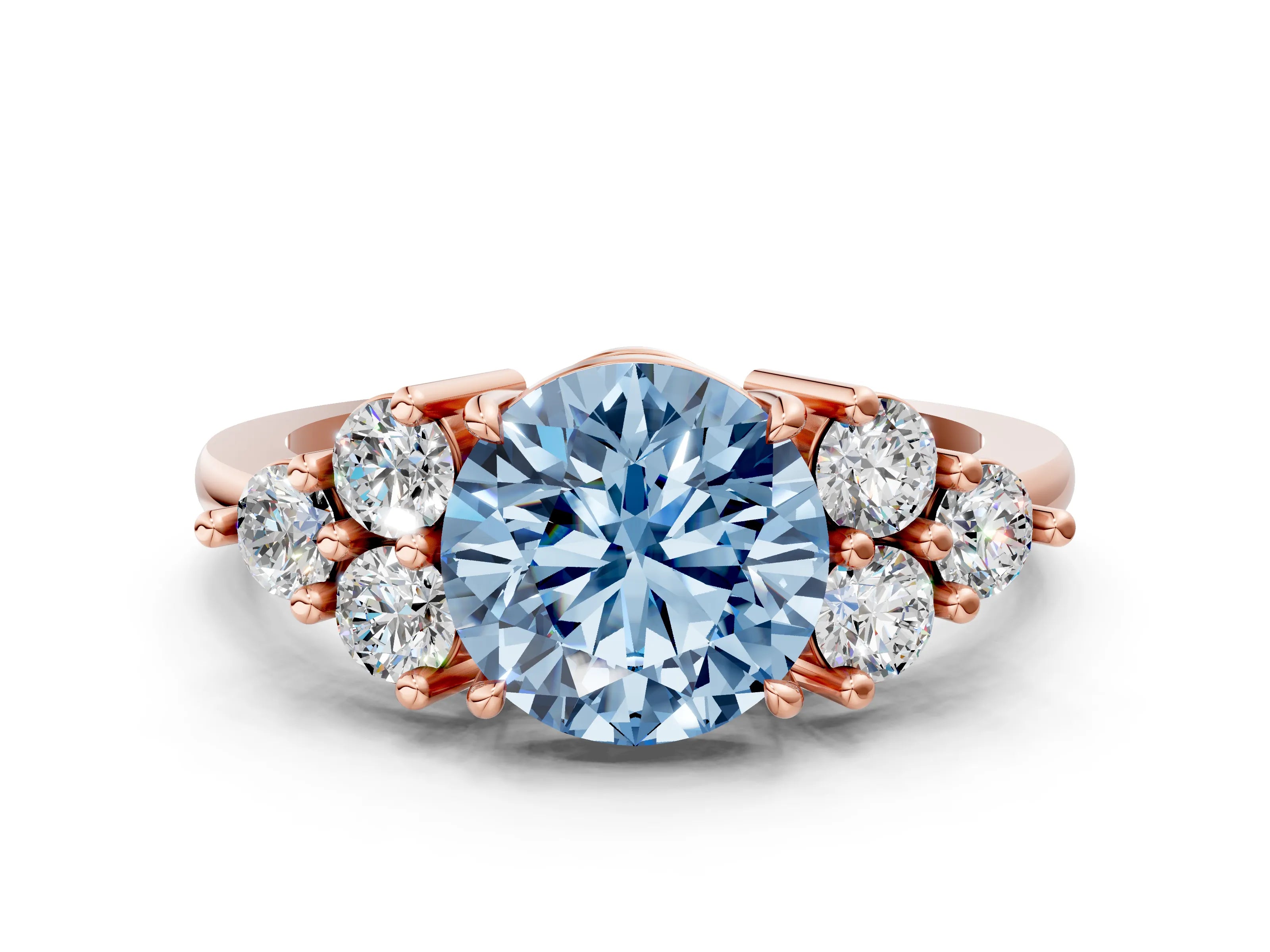 Rose gold Fancy Blue Round Cut Brilliant Diamond Cluster Accent Solitaire Ring with Prong Setting