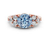 Rose gold Fancy Blue Round Cut Brilliant Diamond Cluster Accent Solitaire Ring with Prong Setting