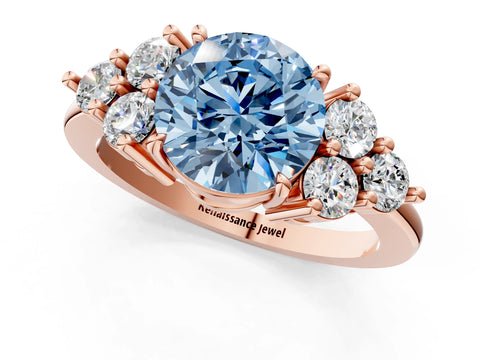 Rose gold Fancy Blue Round Cut Brilliant Diamond Cluster Accent Solitaire Ring with Prong Setting_1