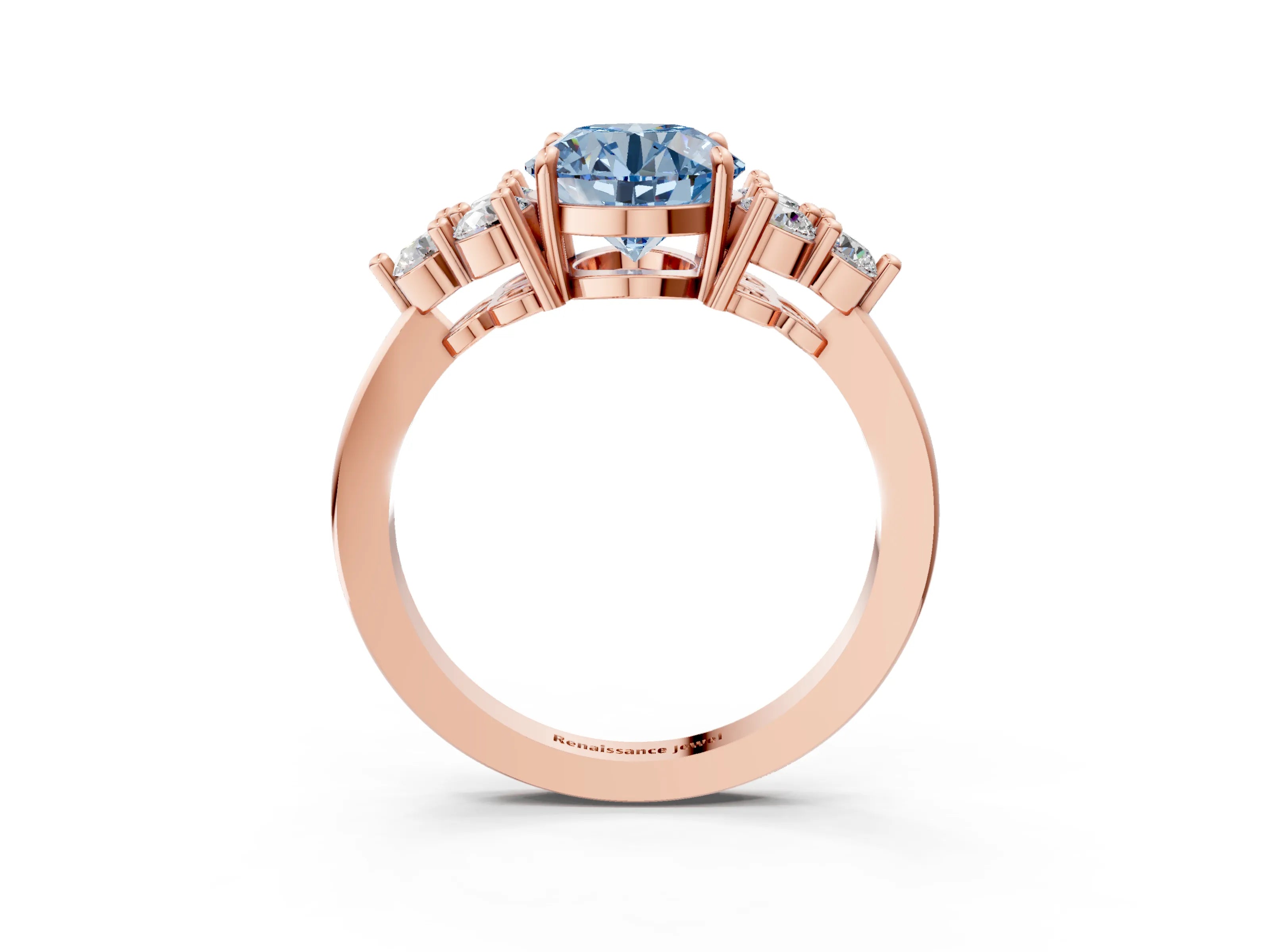 Rose gold Fancy Blue Round Cut Brilliant Diamond Cluster Accent Solitaire Ring with Prong Setting_3