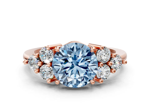 Rose gold Fancy Blue Round Cut Brilliant Diamond Cluster Accent Solitaire Ring with Prong Setting