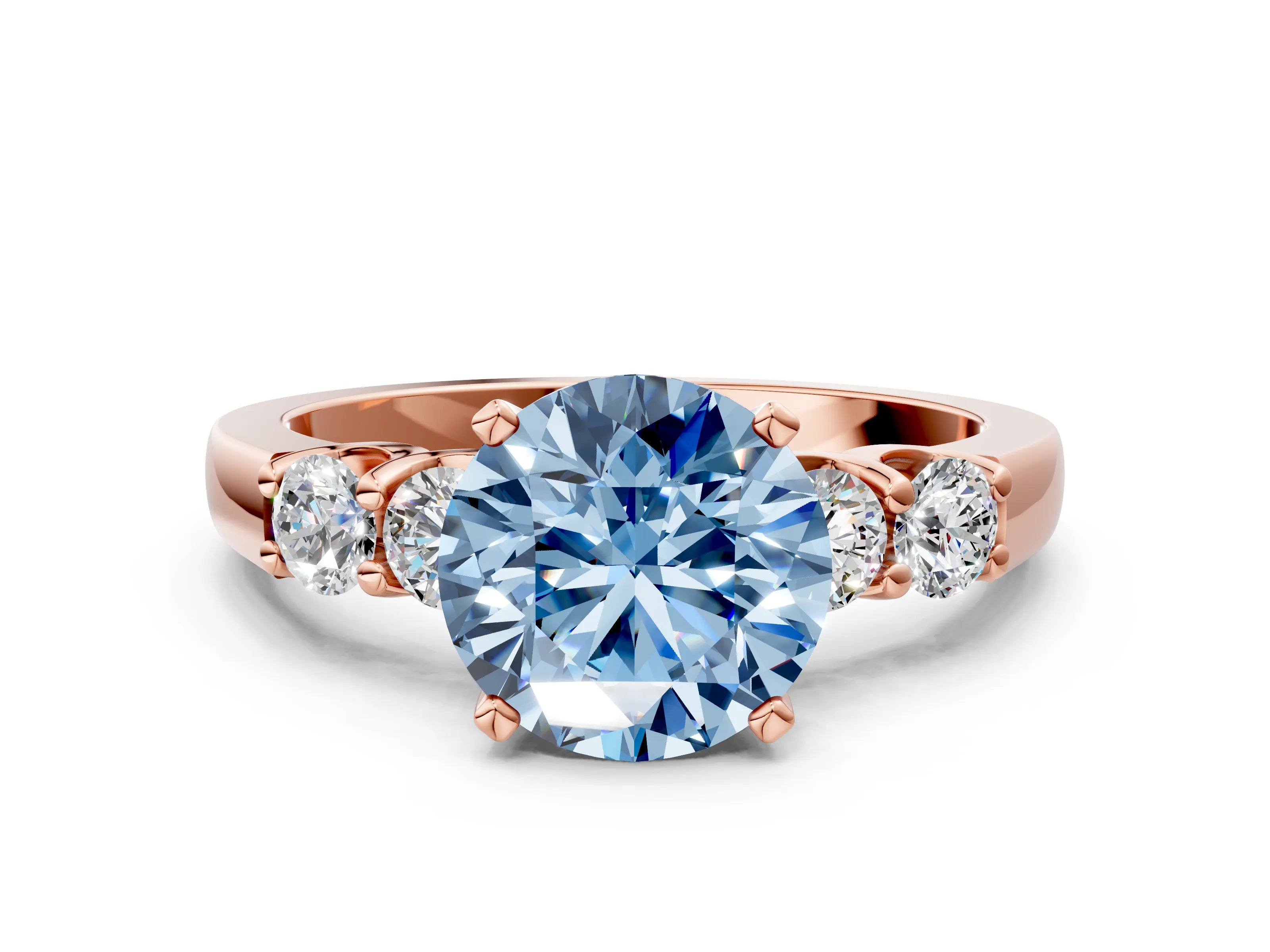 Rose gold Fancy Blue Round Cut Brilliant Diamond Five-Stone Engagement Ring with Prong Setting on a Classic Band_3