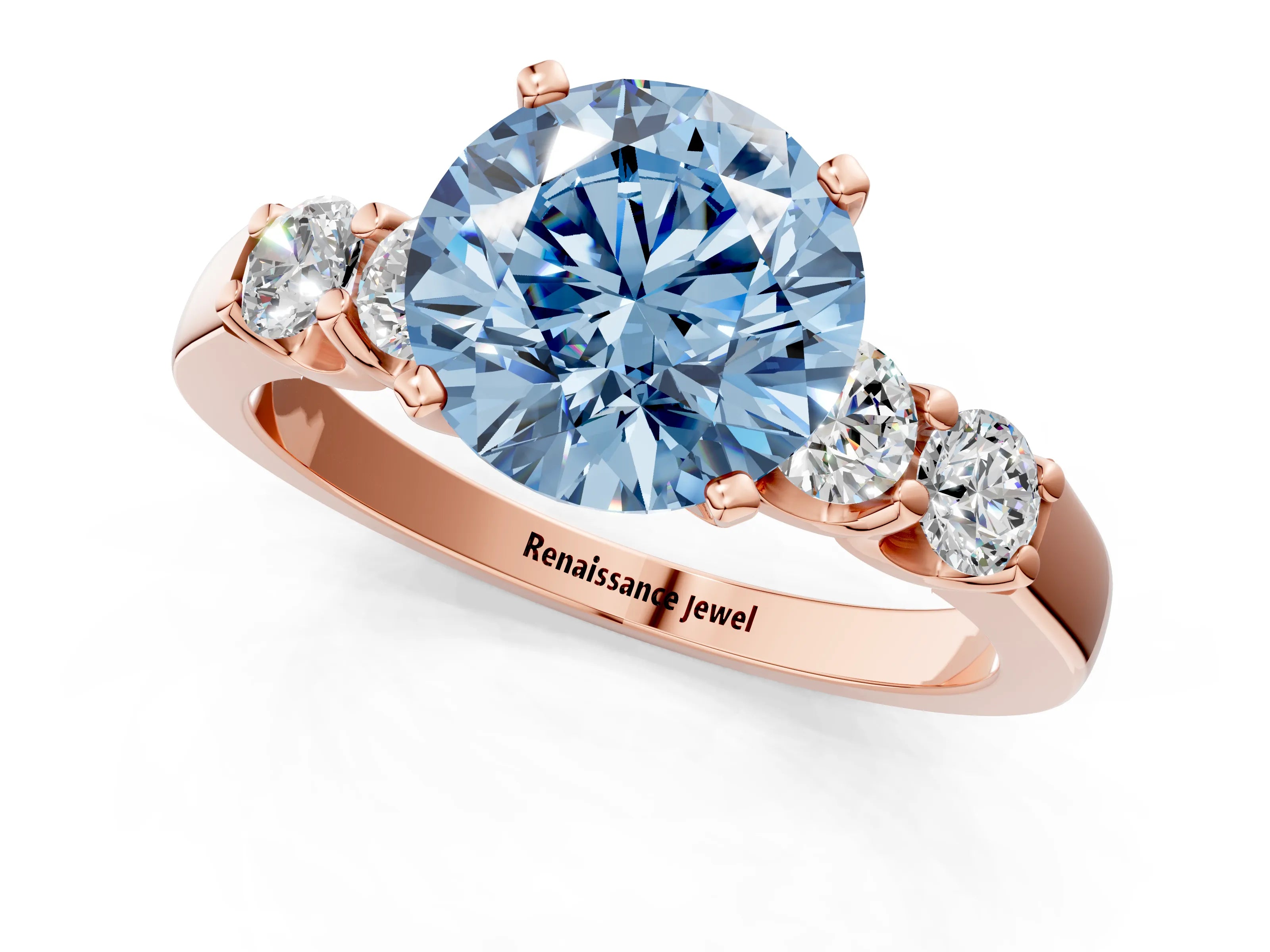 Rose gold Fancy Blue Round Cut Brilliant Diamond Five-Stone Engagement Ring with Prong Setting on a Classic Band_4