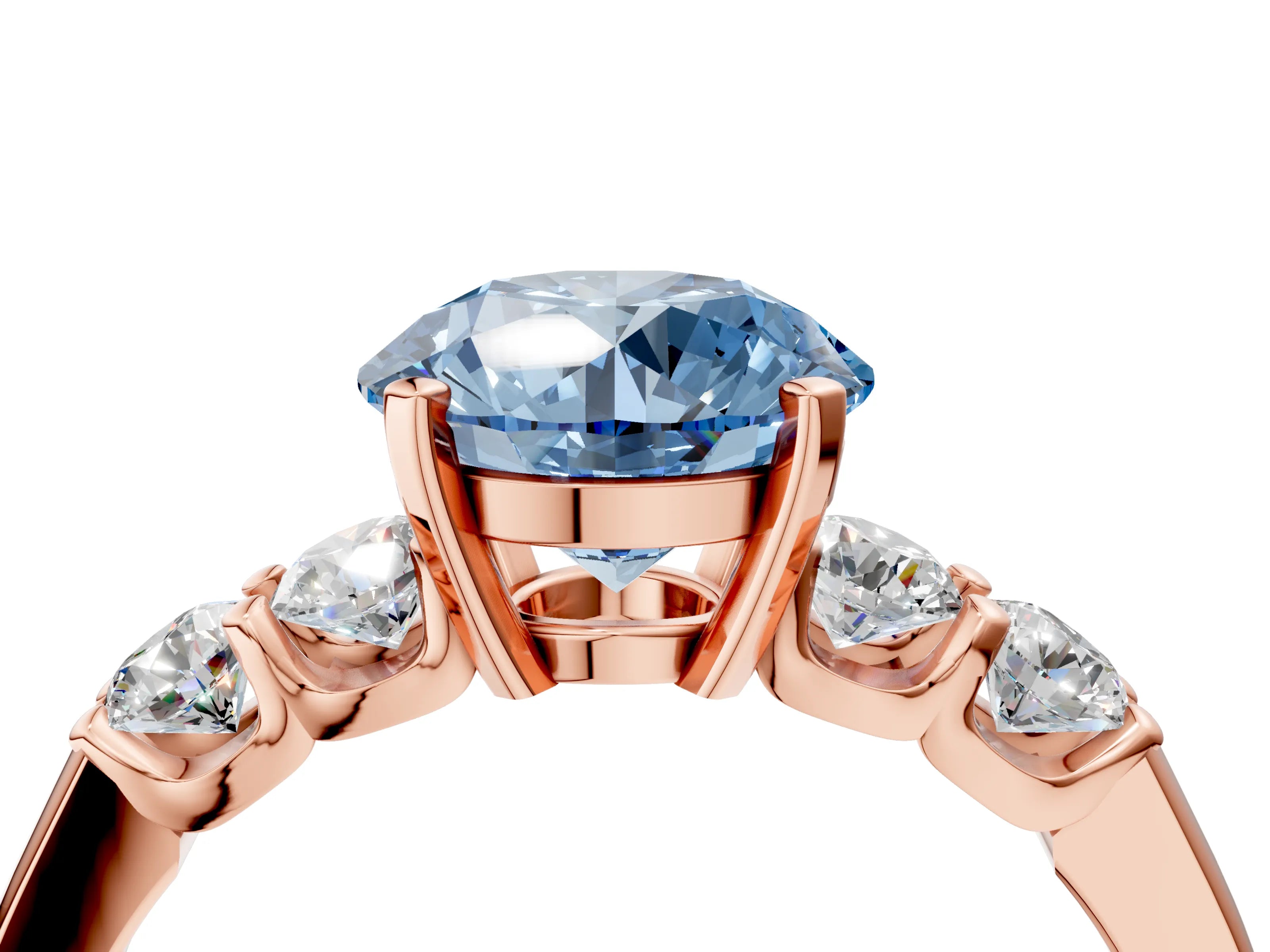 Rose gold Fancy Blue Round Cut Brilliant Diamond Five-Stone Engagement Ring with Prong Setting on a Classic Band_7