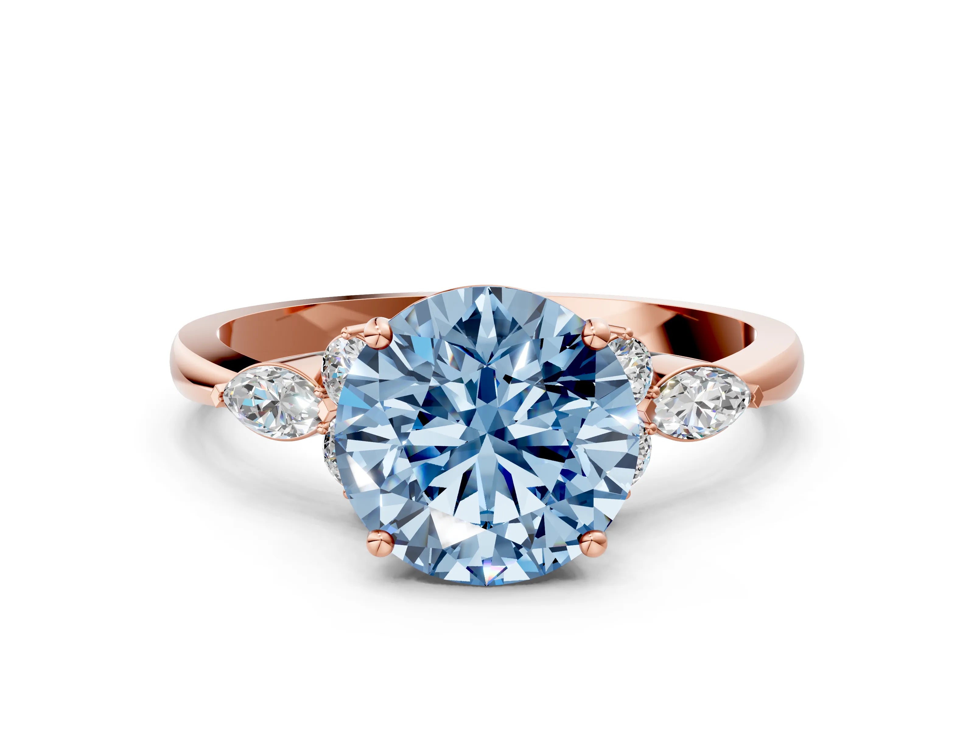 Rose gold Fancy Blue Round Cut Brilliant Diamond Solitaire Ring with Pear Side Stones and Four-Prong Setting_3