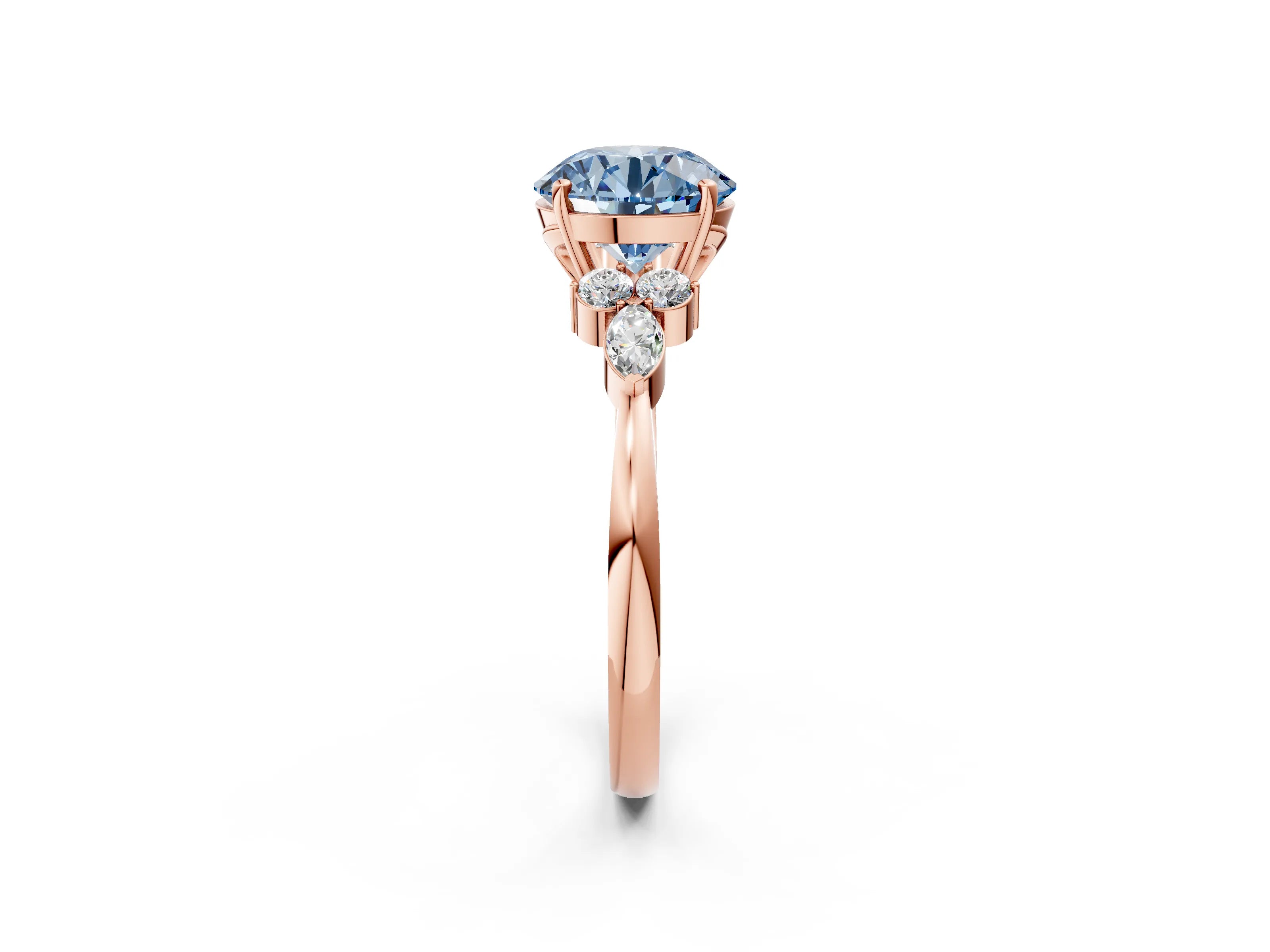Rose gold Fancy Blue Round Cut Brilliant Diamond Solitaire Ring with Pear Side Stones and Four-Prong Setting_5