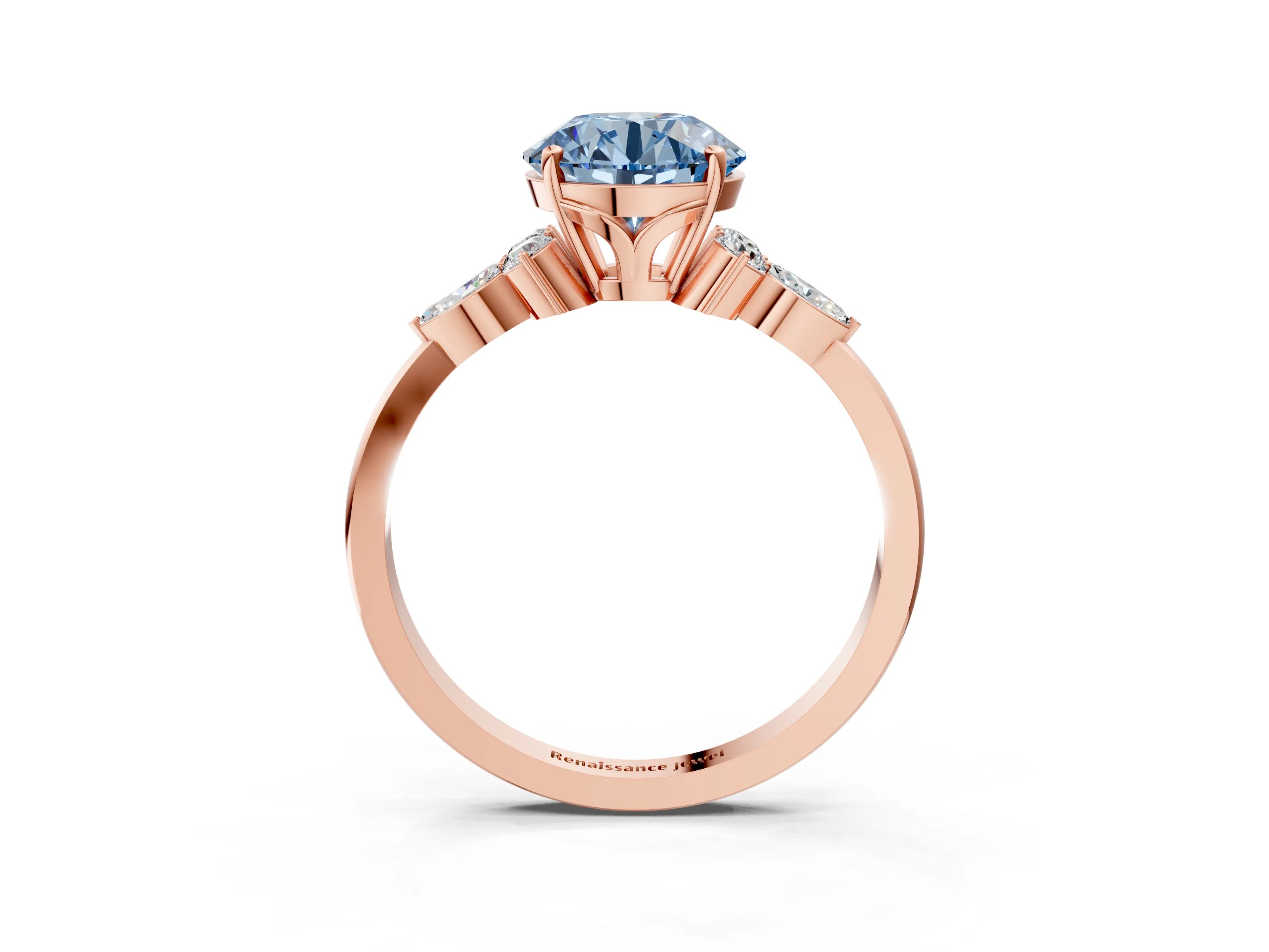 Rose gold Fancy Blue Round Cut Brilliant Diamond Solitaire Ring with Pear Side Stones and Four-Prong Setting_6