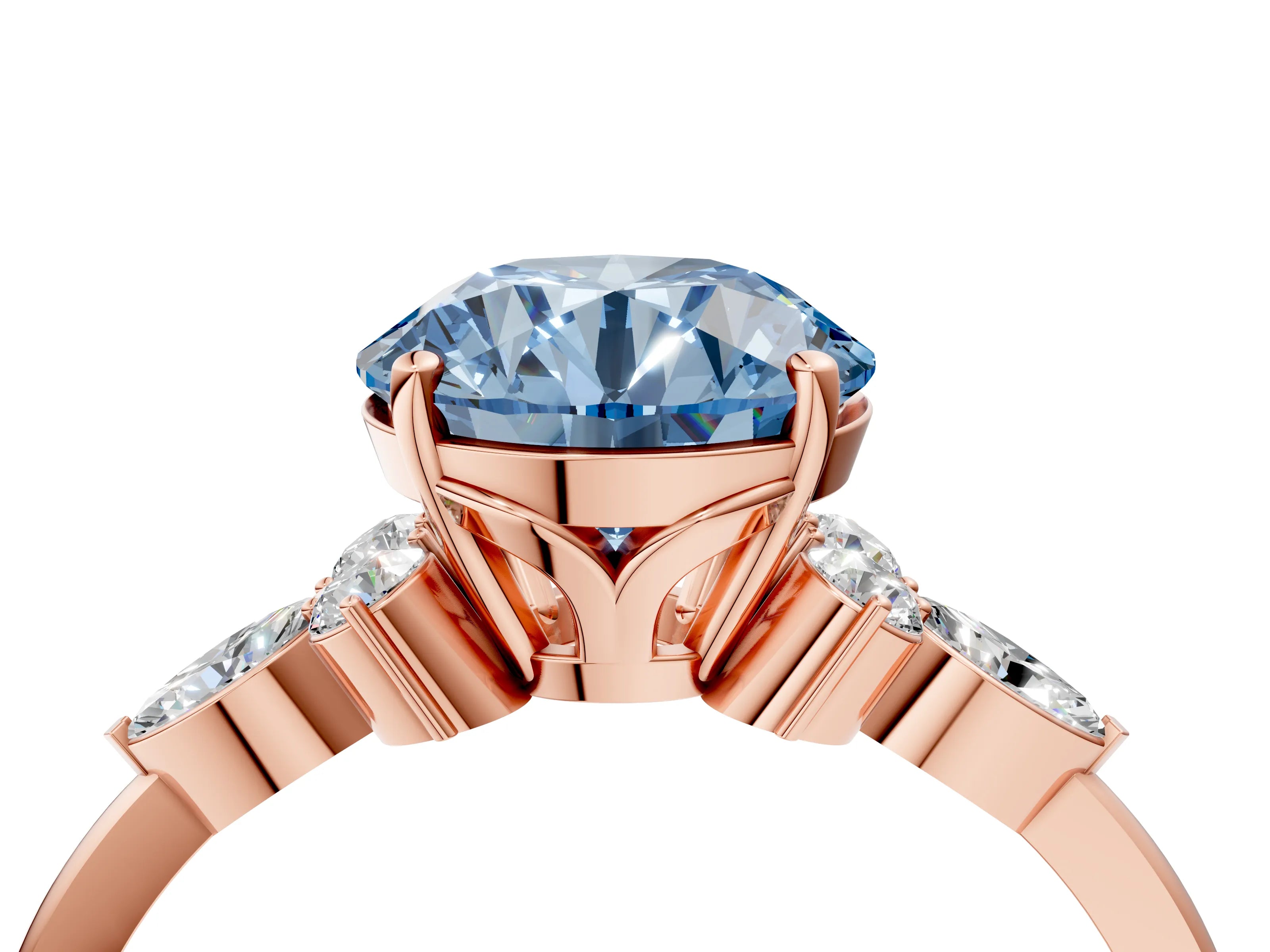 Rose gold Fancy Blue Round Cut Brilliant Diamond Solitaire Ring with Pear Side Stones and Four-Prong Setting_7