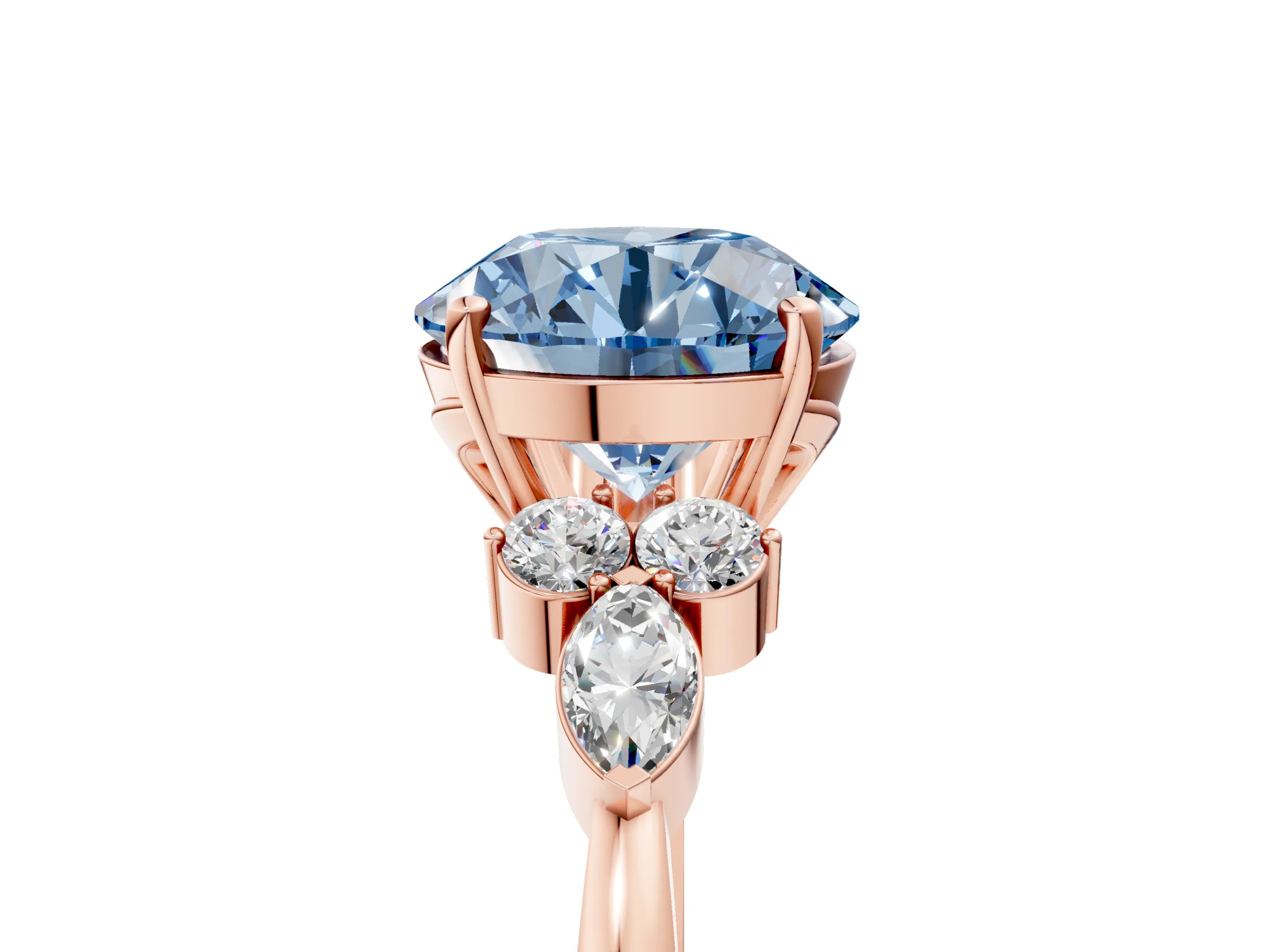 Rose gold Fancy Blue Round Cut Brilliant Diamond Solitaire Ring with Pear Side Stones and Four-Prong Setting_8