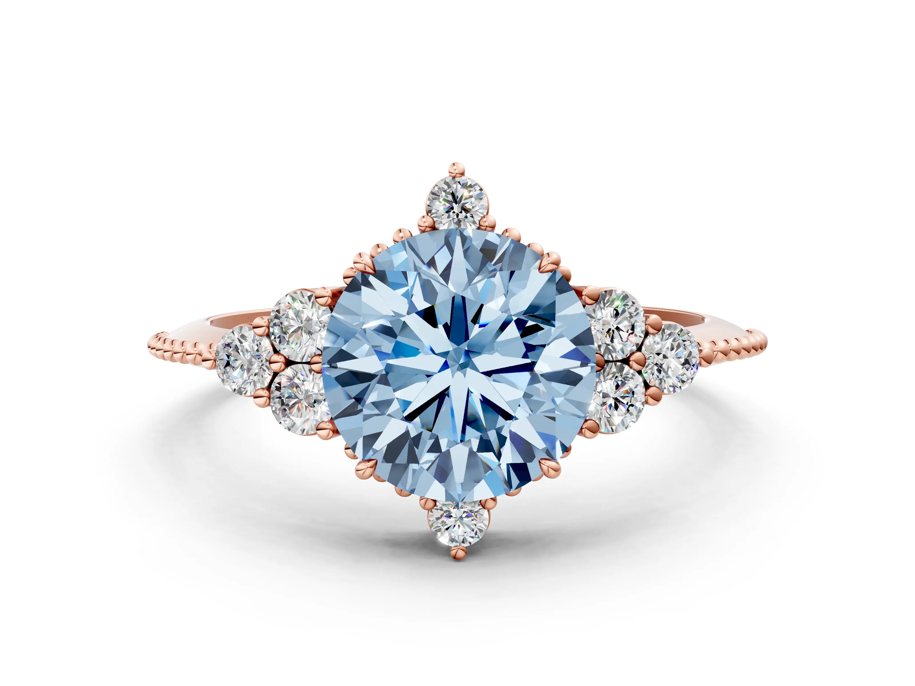 Rose gold Fancy Blue Round Cut Brilliant Diamond with Cluster Setting on a Beaded Band and Four-Prong Setting
