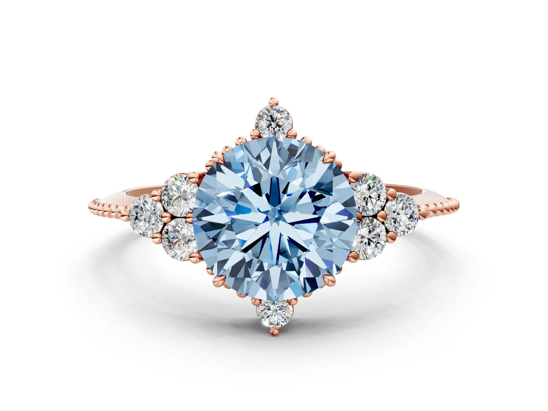 Rose gold Fancy Blue Round Cut Brilliant Diamond with Cluster Setting on a Beaded Band and Four-Prong Setting