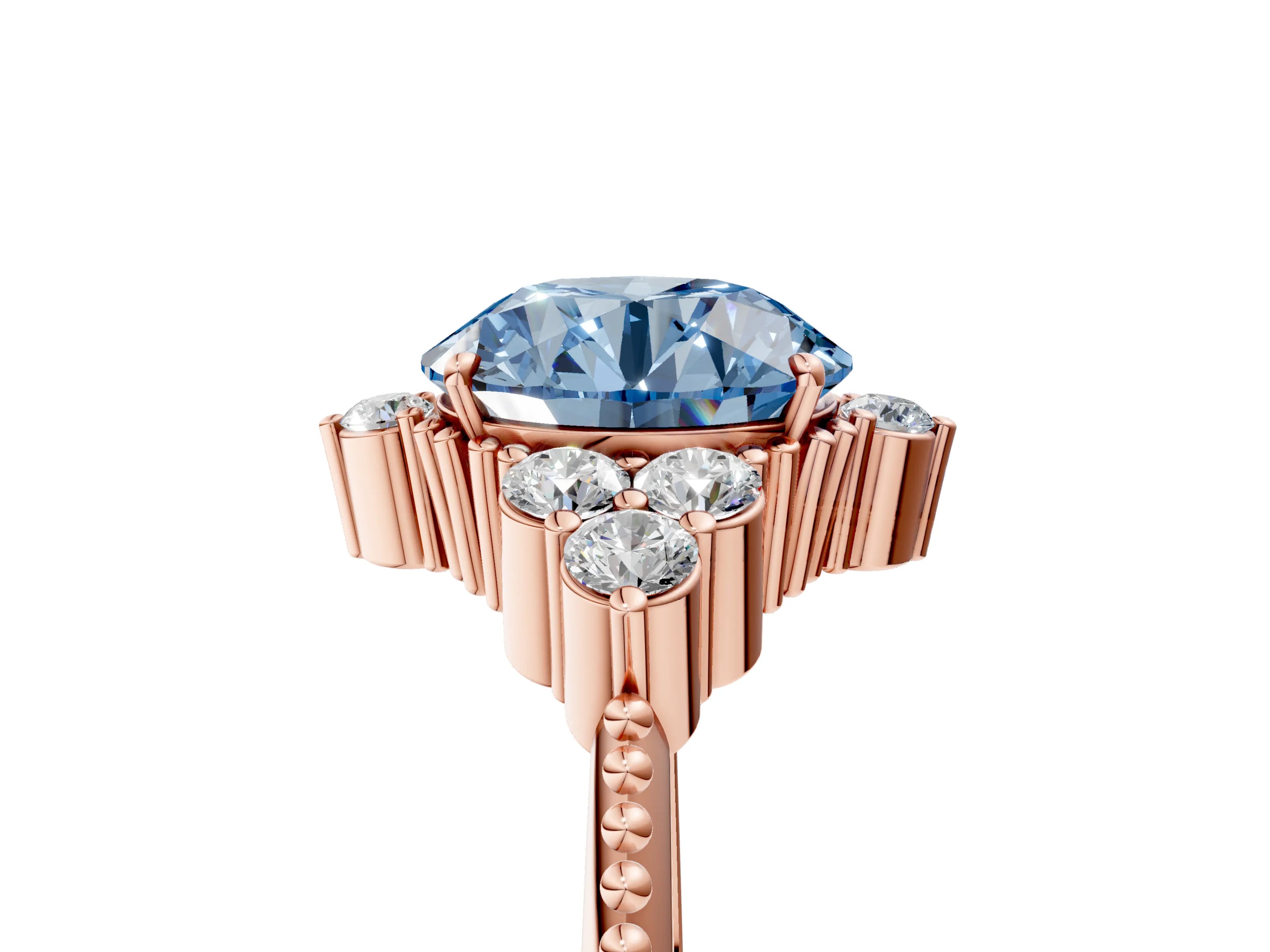Rose gold Fancy Blue Round Cut Brilliant Diamond with Cluster Setting on a Beaded Band and Four-Prong Setting_5