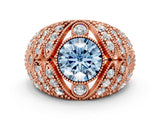 Rose gold Fancy Blue Round Cut Brilliant Halo Pave Diamond Milgrain Ring