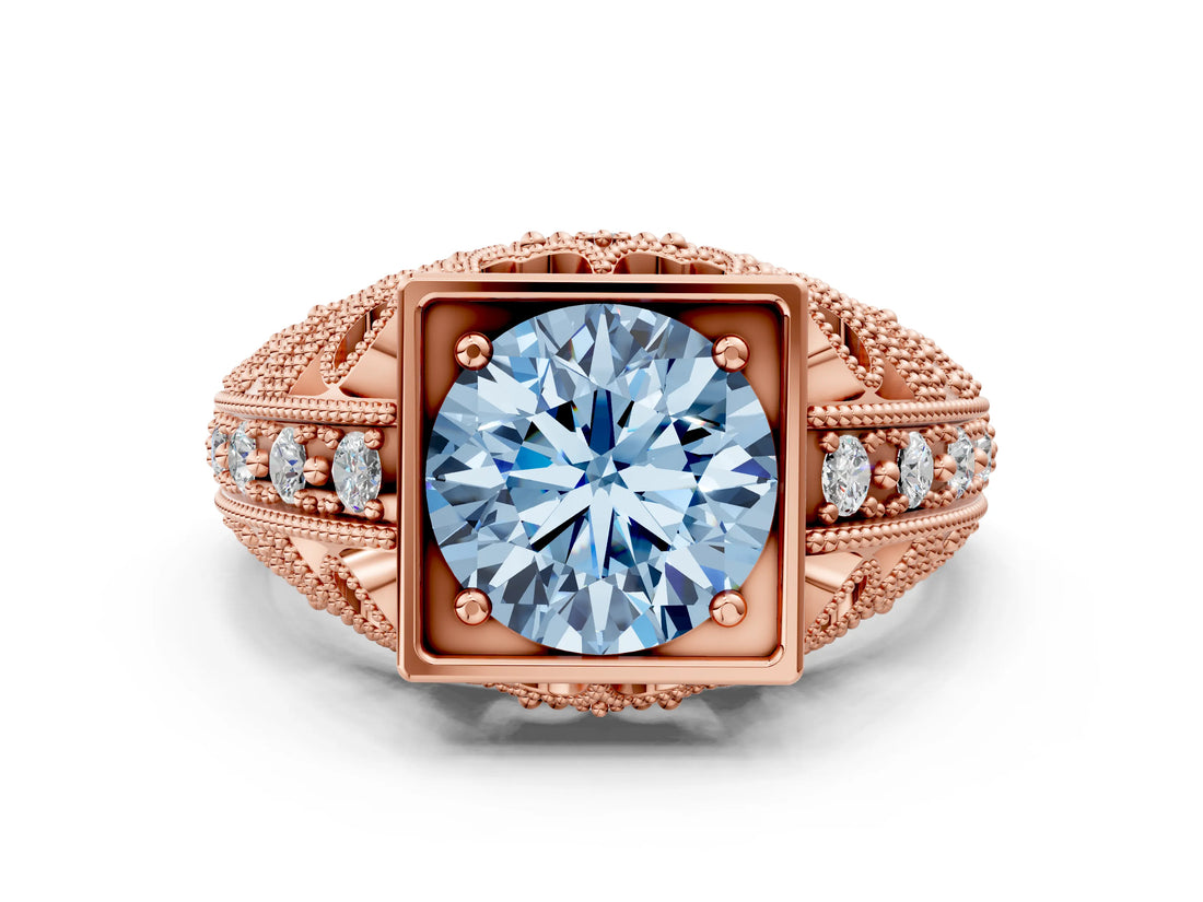 Rose gold Fancy Blue Round Cut Brilliant Milgrain Filigree Diamond Ring with Square Prong Setting