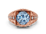 Rose gold Fancy Blue Round Cut Brilliant Milgrain Filigree Diamond Ring with Square Prong Setting
