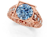 Rose gold Fancy Blue Round Cut Brilliant Milgrain Filigree Diamond Ring with Square Prong Setting_1