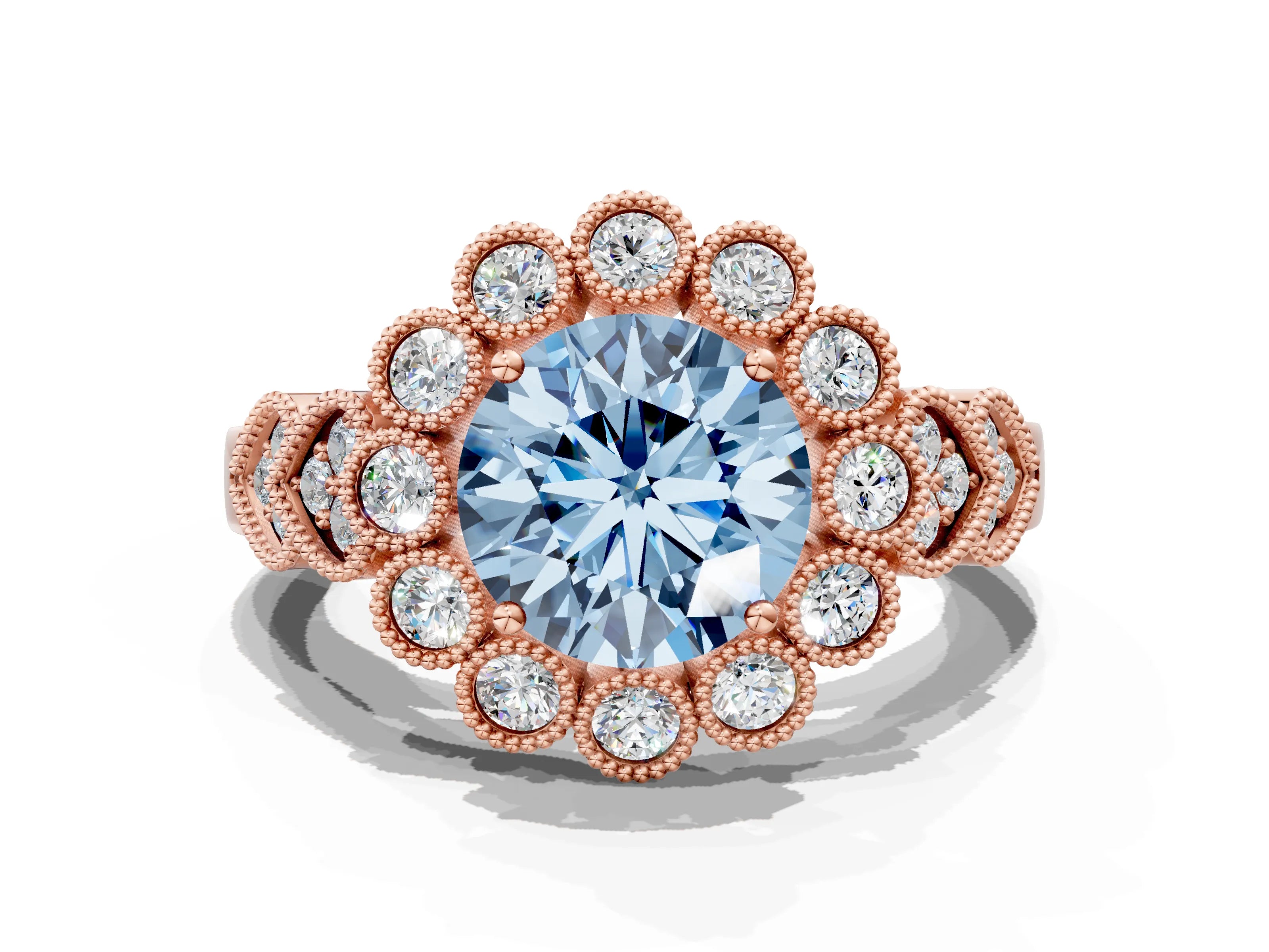 Rose gold Fancy Blue Round Cut Brilliant Milgrain Pave Heart Band Solitaire Ring