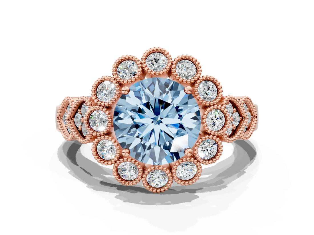 Rose gold Fancy Blue Round Cut Brilliant Milgrain Pave Heart Band Solitaire Ring