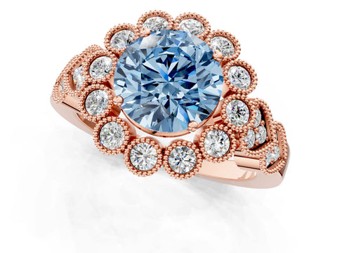 Rose gold Fancy Blue Round Cut Brilliant Milgrain Pave Heart Band Solitaire Ring_1