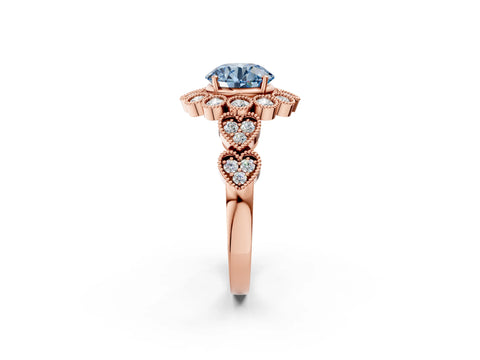 Rose gold Fancy Blue Round Cut Brilliant Milgrain Pave Heart Band Solitaire Ring_2