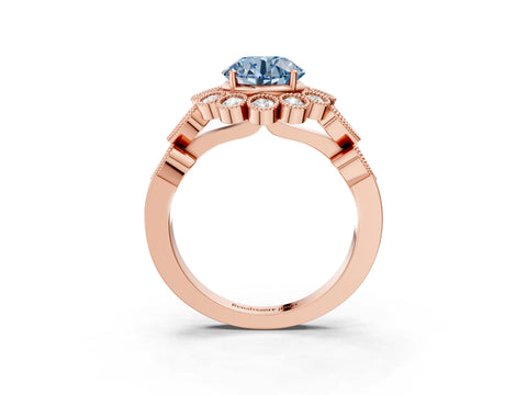 Rose gold Fancy Blue Round Cut Brilliant Milgrain Pave Heart Band Solitaire Ring_3