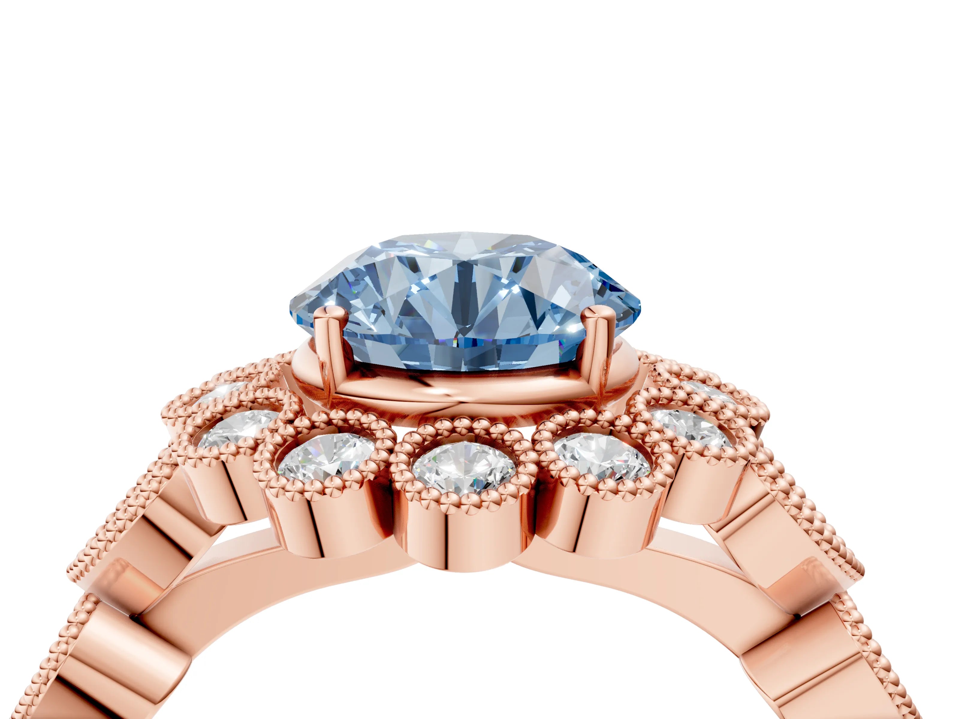 Rose gold Fancy Blue Round Cut Brilliant Milgrain Pave Heart Band Solitaire Ring_4