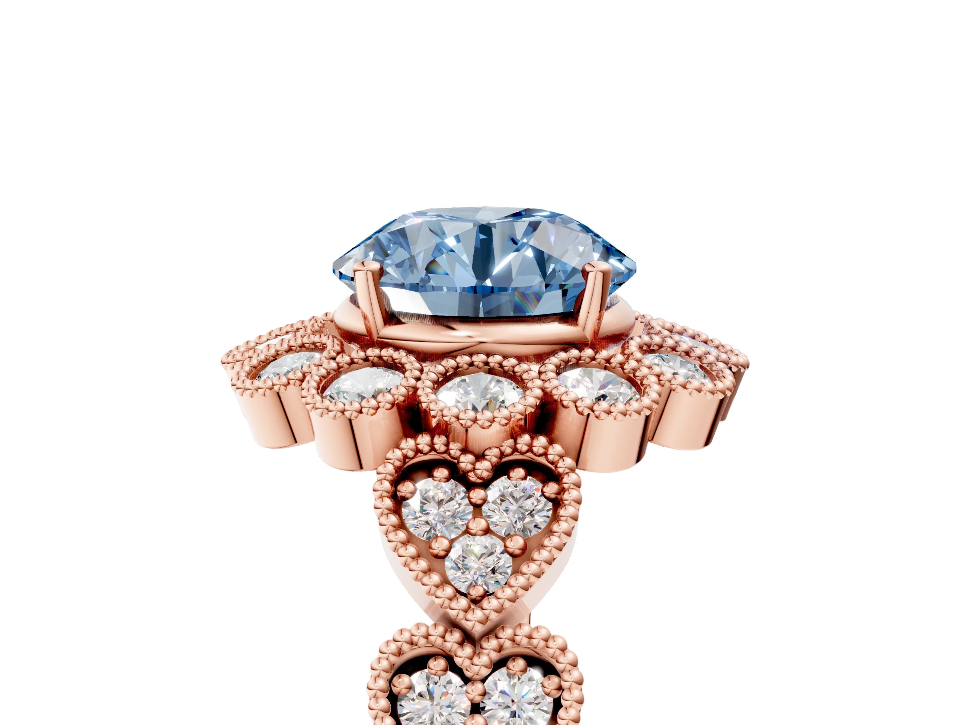 Rose gold Fancy Blue Round Cut Brilliant Milgrain Pave Heart Band Solitaire Ring_5