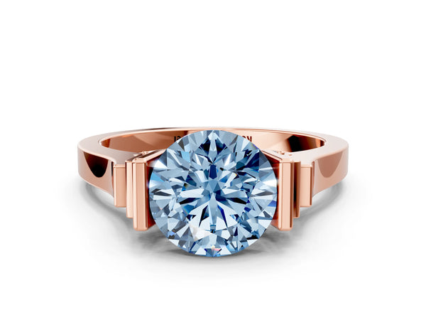 Rose gold Fancy Blue Round Cut Brilliant Solitaire Diamond Ring with Channel Set Band and Bar Prong Setting