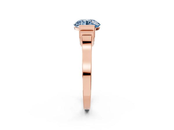 Rose gold Fancy Blue Round Cut Brilliant Solitaire Diamond Ring with Channel Set Band and Bar Prong Setting