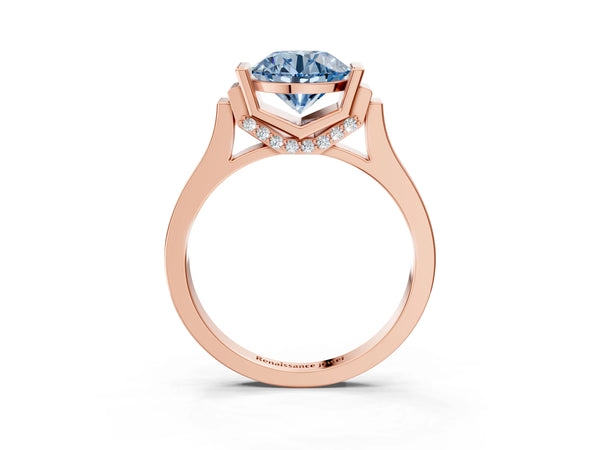 Rose gold Fancy Blue Round Cut Brilliant Solitaire Diamond Ring with Channel Set Band and Bar Prong Setting
