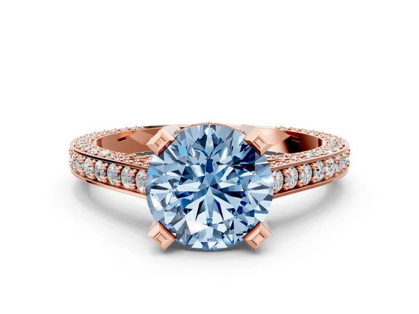 Rose gold Fancy Blue Round Cut Brilliant Split Shank Pave Solitaire Ring with Four-Prong Setting