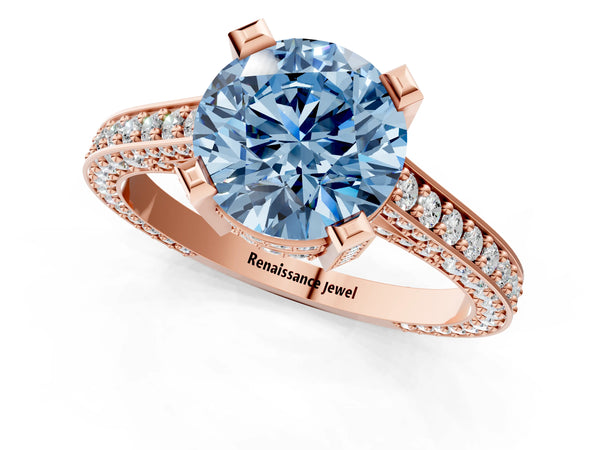 Rose gold Fancy Blue Round Cut Brilliant Split Shank Pave Solitaire Ring with Four-Prong Setting
