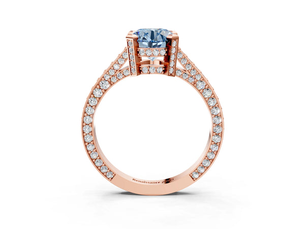Rose gold Fancy Blue Round Cut Brilliant Split Shank Pave Solitaire Ring with Four-Prong Setting