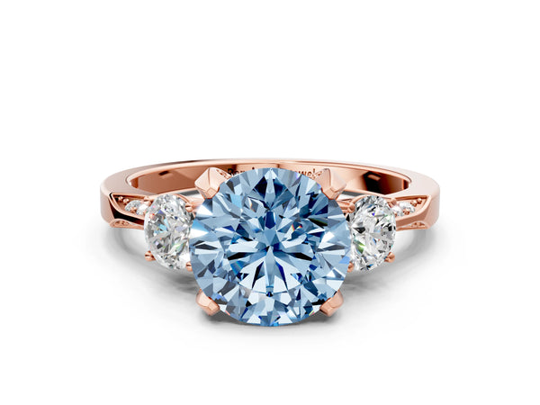 Rose gold Fancy Blue Round Cut Brilliant Three-Stone Diamond Ring with Pavé Band and Four-Prong Setting