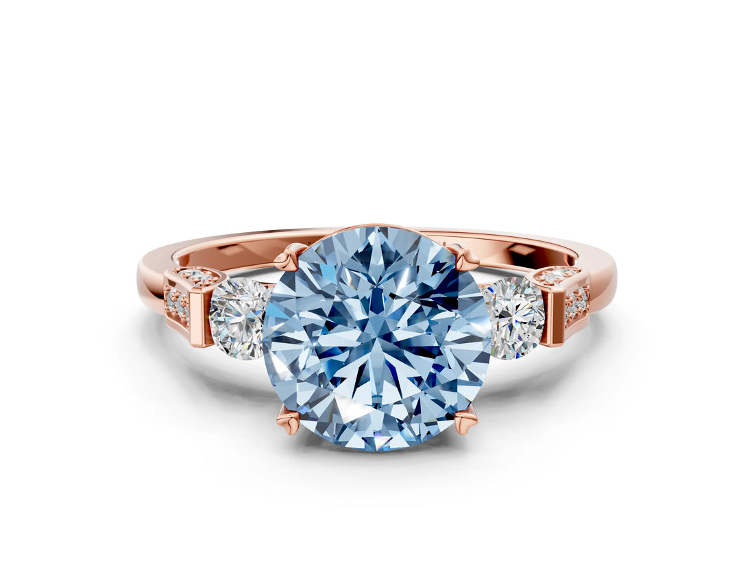 Rose gold Fancy Blue Round Cut Brilliant Three-Stone Pave Band with Four-Prong Setting