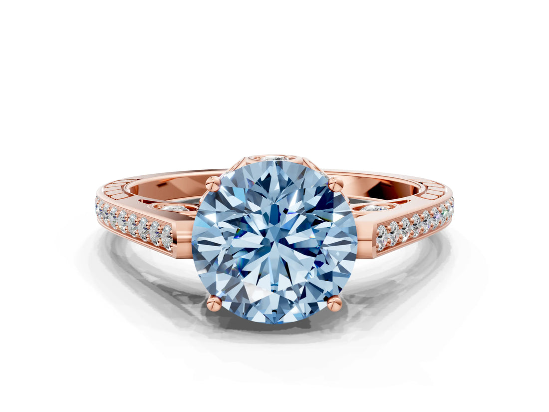 Rose gold Fancy Blue Round  Cut Cathedral Pave Diamond Engagement Ring with Six-Prong Setting_31