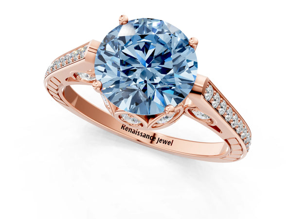 Rose gold Fancy Blue Round  Cut Cathedral Pave Diamond Engagement Ring with Six-Prong Setting