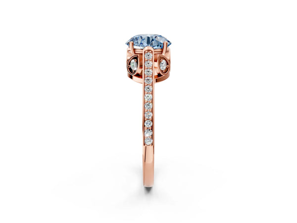 Rose gold Fancy Blue Round  Cut Cathedral Pave Diamond Engagement Ring with Six-Prong Setting