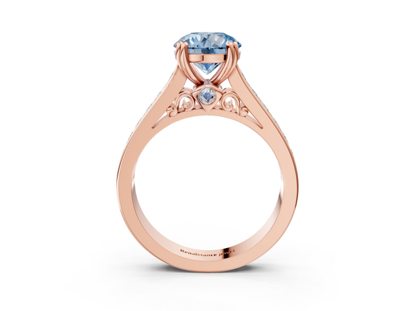 Rose Gold Round Channel Set Solitaire Engagement Ring Setting for Fancy Blue Center with Double Claw Prongs