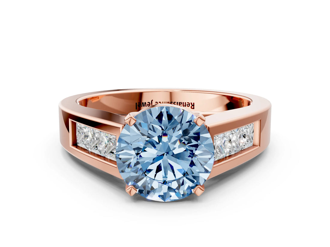 Rose gold Fancy Blue Round Cut Cut Channel Set Solitaire Ring with Four-Prong Setting