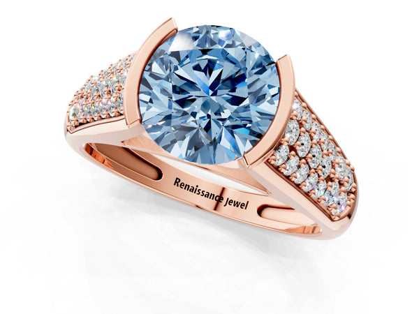 Rose gold Fancy Blue Round Cut Diamond Channel Set Pave Band with Tension Prong Setting