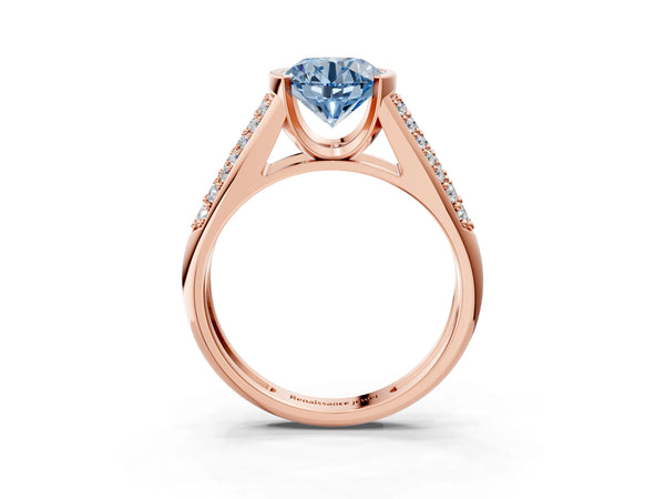 Rose gold Fancy Blue Round Cut Diamond Channel Set Pave Band with Tension Prong Setting
