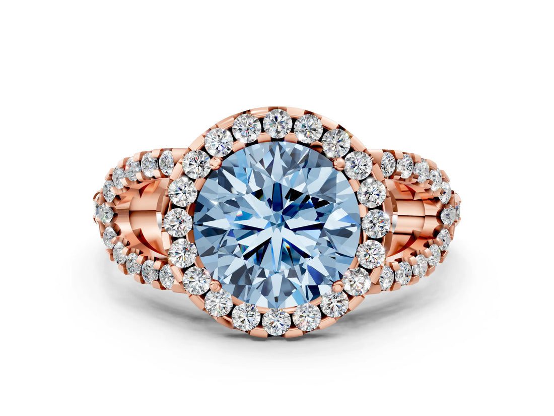 Rose gold Fancy Blue Round Cut Cut Diamond Halo Engagement Ring with Open Split Pavé Band