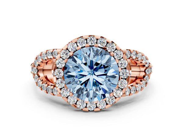 Rose Gold Round Split Shank Pave Halo Engagement Ring Setting for Fancy Blue Center