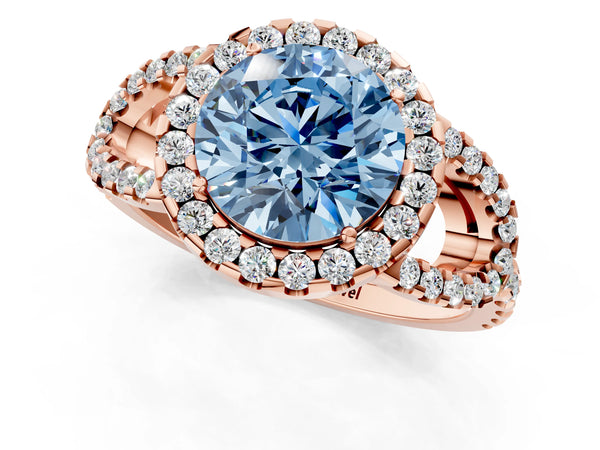 Rose Gold Round Split Shank Pave Halo Engagement Ring Setting for Fancy Blue Center