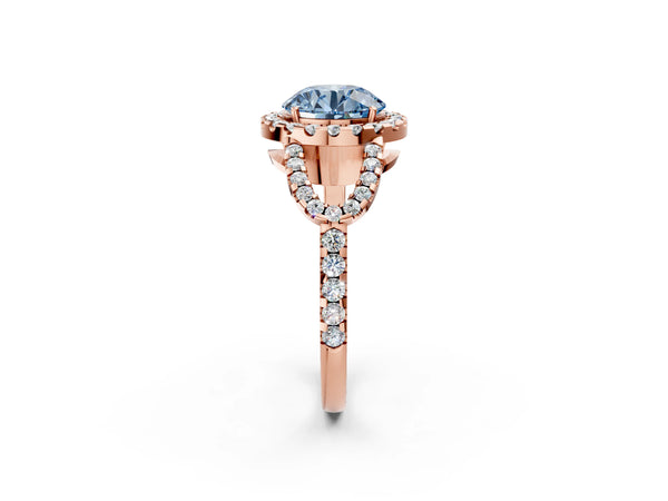 Rose Gold Round Split Shank Pave Halo Engagement Ring Setting for Fancy Blue Center