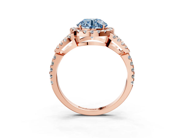 Rose Gold Round Split Shank Pave Halo Engagement Ring Setting for Fancy Blue Center
