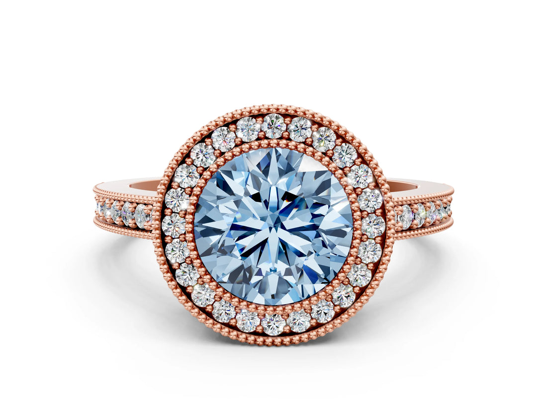 Rose gold Fancy Blue Round Cut-Cut Diamond Halo Engagement Ring with Pave Band and Prong Setting